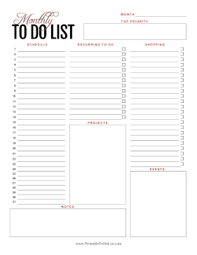 Monthly Everything To Do List